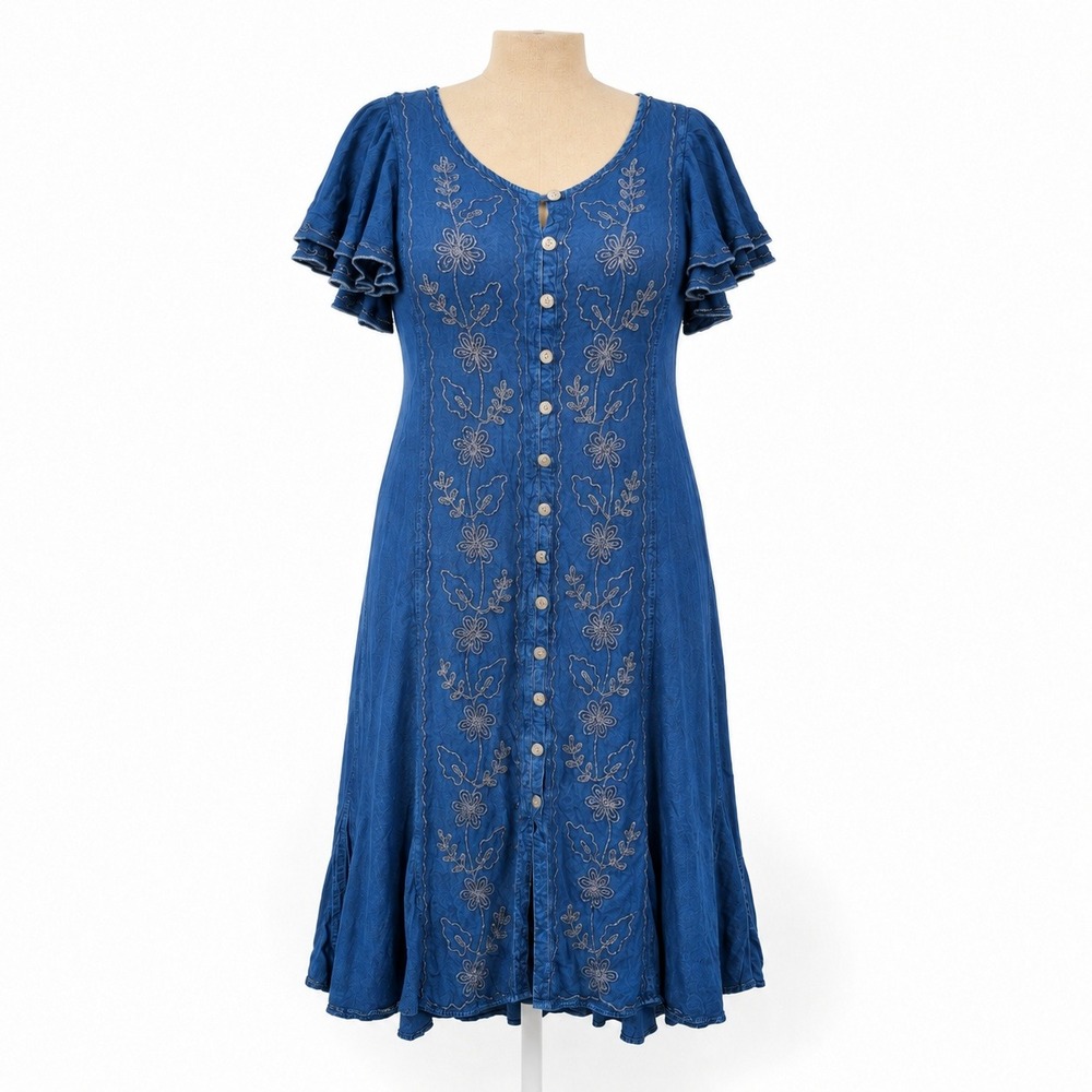 Vintage Y2K Floral Embroidered Denim Button Dress 1X Blue Cottagecore Prairie